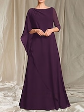 halpa Lattian pituus-A-linja Morsiamen äidin mekko Häiden vieras Elegantti Crew-kaula-aukko Lattianpituinen Chiffon 3/4-pituisella hihalla Helmiäistyksellä