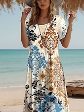 ieftine Rochii boho-Rochie maxi pentru femei Rochie A Line Rochie T Shirt Rochie Tee Vacanță Casual Plajă Ajustare Regulată Grafic Floral Tribal Mâneci Scurte Gât Crew Bej Vară
