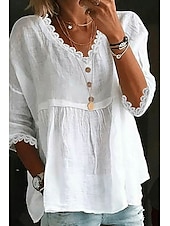 abordables Camisas-Mujer Camisa Camisas de algodón y lino Blusa Plano Básico Moderno Casual Manga 3/4 Escote en Pico Tops regulares Diario Festivos Noche Frunce Blanco Rosa Azul claro Verano