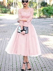 economico Abiti da cocktail-Abiti Cocktail A-Line Elegante Abito Lunghezza Caviglia Maniche 3/4 Collo Gioiello Ospite di Matrimonio di Autunno Tulle con Pieghe Inserti in Pizzo Abiti Derby 2025