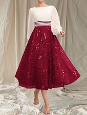 preiswerte Teelänge-A-Linie Brautmutterkleid Hochzeitsgast Elegant Rundhalsausschnitt Tee Länge Chiffon Spitze Lange Ärmeln mit Perlen Rüschen Midi Kleid 2025