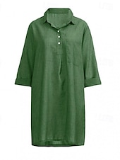 economico disegnare abiti in cotone e lino-Per donna Mini Abito Abiti ispirati al lino Abito in cotone e lino Classico Quotidiano Ferie Uscire Vestibilità regolare Semplice Manica 3/4 Colletto a Camicia Nero Verde Cachi Grigio Estate