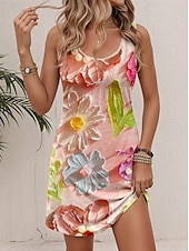 ieftine Rochii florale-Pentru femei Rochie Mini Rochie A line Rochie de vară Rochie cu umeri Casual Rochii Semi Formale Zilnic Dată Potrivire Largă Floral Grafic Fără manșon În U Roz Îmbujorat Vară