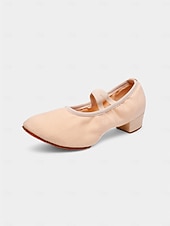 preiswerte Lateinamerikanische Schuhe-beigefarbene Canvas-Ballsaal-Tanzschuhe für Damen – Pumps mit niedrigem Absatz und elastischem Riemen für das professionelle Training