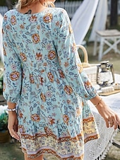 billiga Bohemklänningar-Dam Mini klänning Vardagsklänning Sommarklänning Boho-klänning Mode Utomhus Semester Dagligen Normal Blommig 3/4 ärm V-hals Gul Rodnande Rosa Blå Grön Sommar