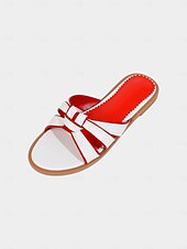 abordables Sandalias de Vestir-Sandalias planas para mujer en beige y rojo con tiras anudadas: zapatos casuales para el día a día y para citas de verano.