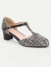 olcso 1950-es évek-női 1950-es évekbeli tweed t-pántos mary jane sarkú cipő – vintage ihletésű, alacsony sarkú cipő elegáns irodai viselethez, esküvőkhöz és különleges alkalmakra