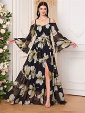 preiswerte Unter 129,99 $-Kleid Mutter der Braut Kleid Elegant Lässig V-Ausschnitt Bodenlange Chiffon Langarm mit Band  Bänder Falten Hochzeitsgast Kleid