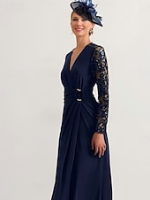 voordelige Vloerlengte-Sheath Jurk Moeder van de Bruid Jurk Elegante V Hals Enkellengte Rekbare Stof Lange Mouw met Kant Geplooid Effen Kleur gratis maat op maat