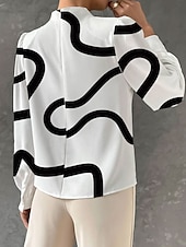abordables Hauts d&#039;Art et de Design pour Femmes-Femmes Chemisier Graphique Élégant Chaussures de plage manche longue Col en V Hauts Réguliers Quotidien Imprimé Noir Blanche Printemps Automne