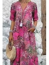 ieftine Rochii casual florale-Pentru femei Rochii Midi Rochie imprimata Modern În aer liber Vacanță Concediu Fit regulat Floare Manșon scurt În V Roșu-aprins Albastru piscină Kaki Roz trandafiriu Vară