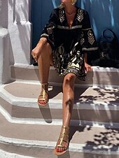 abordables Robes Boho-Femmes Mini Robe Robe trapèze Occasionnel Extérieur Sortir Coupe régulière Graphique Géométrique Manche 3/4 Col en V Noir Été