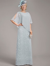 preiswerte Bodenlänge-A-Linien-Kleid, elegantes Kleid für die Brautmutter, Rundhalsausschnitt, bodenlang, Chiffon, halbe Ärmel, mit Spitze, einfarbig, 2025