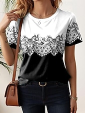 cheap Floral tee-Women&#039;s T Shirt Floral Casual Short Sleeve Round Neck Regular Tops Daily Print Black White Light Green Blue Purple Summer