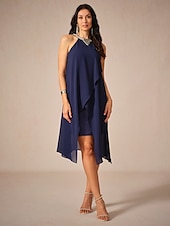 cheap Cocktail Dress-Women&#039;s Knee Length Dress Chiffon Dress Elegant Stylish Flowy Party Date Regular Fit Solid Color Sleeveless Halter Neck Navy Blue Summer