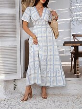 levne Umění a design šaty-Dámské maxi šaty A-line šaty vypasované a rozšířené šaty šaty s nadýchanými rukávy volnočasové dovolená denní běžné střih květinové krátký rukáv V výstřih bílé růžové fialové oranžové léto