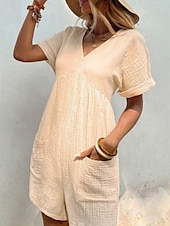 abordables grenouillère-Rompers pour femmes couleur unie manches courtes col en V poches vacances quotidien coupe régulière noir vert abricot été