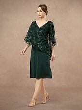 preiswerte Einfaches Kleid-A-Linie Brautmutterkleid Elegant V Ausschnitt Knielang Spitze Halbarm mit Spitze Einfarbig 2025