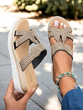 cheap Vacation Sandals-Women&#039;s Rhinestone Wedge Sandals – Elegant Slip-On Platform Slides for Summer, Beach, and Casual Outings