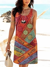 ieftine Rochii cu dungi și geometrice-Pentru femei Rochie Mini Rochie de Vară Rochie de vară Vacanță Casual Zilnic Potrivire Largă Grafic Geometric Buline Fără manșon În U Roz Îmbujorat Roșu-aprins Albastru piscină Vară