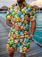economico Set di camicie stampate da uomo-Pasqua Per uomo Floreale 2 pezzi Set di camicie Set Camicia Manica Corta Pantaloni corti Collo ripiegato Casual All&#039;aperto Casuale Quotidiano Stampa 3D Estate Blu Verde