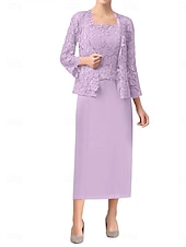 economico Sotto 129,99 $-Set di Abiti Madre della Sposa Abito da Ospite Matrimonio Elegante Semplice Collo Ampio Lunghezza Totale Poliestere Manica Lunga con Colore Solido