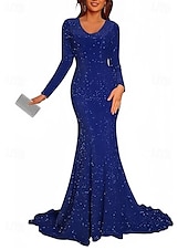 preiswerte Abendkleider-Meerjungfrau  Trompete Abendkleid Elegantes Kleid Formelle Black Tie Gala Court Zug Langarm V-Ausschnitt Lurex-Stoff mit Glitzer