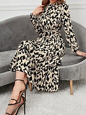 preiswerte Kunst &amp; Design Kleid-Damen Midi-Kleid A-Linie Kleid Fit And Flare Kleid Urlaub Lässig Alltag Reguläre Passform Grafisch Langarm Hemdkragen Schwarz Sommer