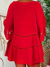 preiswerte Kleider-Damen Mini Kleid Shift Kleid Rüschendress Puffärmel Kleid Leinen Casual Täglich Urlaub Regelmäßige Passform Grafik 3/4 Ärmel V-Ausschnitt Weiß Gelb Rot Braun Sommer