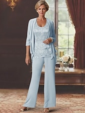 preiswerte Hosenanzüge für Mama-Strand Hochzeits-Jumpsuits Mutter der Braut Hochzeitsgast Eleganter Rundhalsausschnitt Knöchellang Chiffon Langarm mit Spitze 2025 kostenlose Maßanfertigung