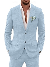 economico Abiti da sposa-Completi in lino per matrimoni degli uomini in azzurro cielo e beige 80% lino a tinta unita completi estivi taglio su misura 2 pezzi a due bottoni monopetto