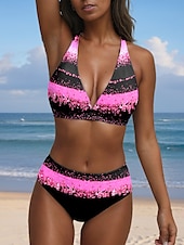 cheap Bikini Sets-Women&#039;s Swimsuits Bikini 2 Piece Cheeky Swimsuit Halter Sexy Ombre Geometric V Wire Sleeveless Bathing Suits