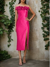 preiswerte Cocktailkleider-Säulen Cocktailkleider Elegantes Kleid Formelles Hochzeitskleid Tee Länge Ärmellos Off-Shoulder Rosa Kleid Satin mit Blume
