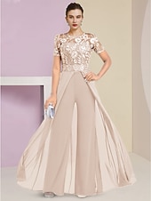 cheap Mom&#039;s Jumpsuits-Beach Wedding Jumpsuit / Pantsuit Mother of the Bride  Wedding Guest Elegant Jewel Neck Ankle Length Stretch Chiffon Short Sleeve with Lace Pleats free custom size