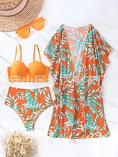 billiga Bikiniset-Kvinnors Baddräkter Bikini Tre Delad Troser Baddräkt Rygglös Mage Kontroll Hög Midja Slim Semester Strandkläder Löv V Nack Långärmad Baddräkter