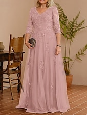 cheap Floor Length-A-Line Mother of the Bride Dress Wedding Guest Elegant V Neck Floor Length Lace Tulle 3/4 Length Sleeve with Beading Appliques 2025