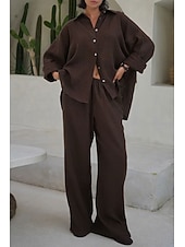 cheap Essential Faux Co-ord Sets-Women's Shirt Two Piece Sets Pants Sets Long Sleeve Shirt Collar Solid Color Dubbele Rij Knopen Fashion Basic Vacation Casual Daily White Red Dark Navy Summer Regular Fit