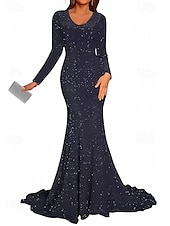 preiswerte Abendkleider-Meerjungfrau  Trompete Abendkleid Elegantes Kleid Formelle Black Tie Gala Court Zug Langarm V-Ausschnitt Lurex-Stoff mit Glitzer