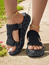 billige Uformelle sandaler-vevde plattformsandaler for kvinner - trendy gule lysbilder med åpen tå, behagelig sommerfottøy for fritids- og ferieklær