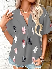 cheap Art&amp;Design Tops-Women&#039;s Shirt Feather Stylish Casual Short Sleeve Shirt Collar Regular Tops Daily Buttons Print Black White Pink Wine Blue Summer Spring