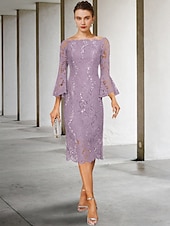 cheap Tea Length-Sheath Mother of the Bride Dress Wedding Guest Elegant Vintage Jewel Neck Tea Length Lace 3/4 Length Sleeve with Sequin 2025 free custom size