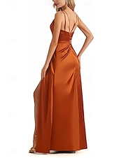 cheap Bridesmaid Dresses-A-Line Bridesmaid Dress V Neck / Spaghetti Strap Sleeveless Elegant Floor Length Satin with Split Front / Ruching