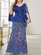 baratos AZUL-Vestido Plus Size Mãe da Noiva Vestido de Curvas Elegante Festa Decote em V Comprimento do Chão Spandex Manga Longa com Lantejoula 2025