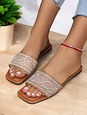 billige Kjole Sandaler-brune rhinestone-utsmykkede slip-on-sandaler – elegante, flate sommersandaler for kvinner