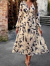 cheap Floral Dress-Women&#039;s Midi Dress A Line Dress Fit And Flare Dress Puff Sleeve Dress Vacation Casual Vacation Daily Regular Fit Graphic Long Sleeve V Neck Red Blue Green Apricot Summer