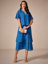 preiswerte abendkleider-Damen Knielanges Kleid Chiffonkleid Elegant Stilvoll Fließend Hochzeit Hochzeitsgast Lässiger Schnitt Einfarbig Kurzarm V Ausschnitt Königliches Blau Sommer Frühling