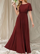 baratos Vestidos para Madrinhas-Vestido de dama de honra em linha A, gola redonda, manga curta, elegante, comprimento até o chão, chiffon com faixa / fita / franzido 2025