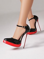 abordables Bombas Clásicas-Tacones de aguja con plataforma de charol negro y rojo: unos zapatos Mary Jane muy sexys para fiestas y eventos.