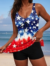 billiga Självständighetsdag badkläder-Damernas patriotiska veteranbaddräkt patriotisk tankini 2-delad pojkbaddräkt rygglös magkontroll hög midja smal semester strandkläder blommig U-hals ärmlös