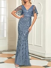 preiswerte Bodenlänge-Meerjungfrauenschnitt Brautmutterkleid Hochzeitsgast Elegant V Ausschnitt Bodenlang Spitze Kurzarm mit Spitze 2025